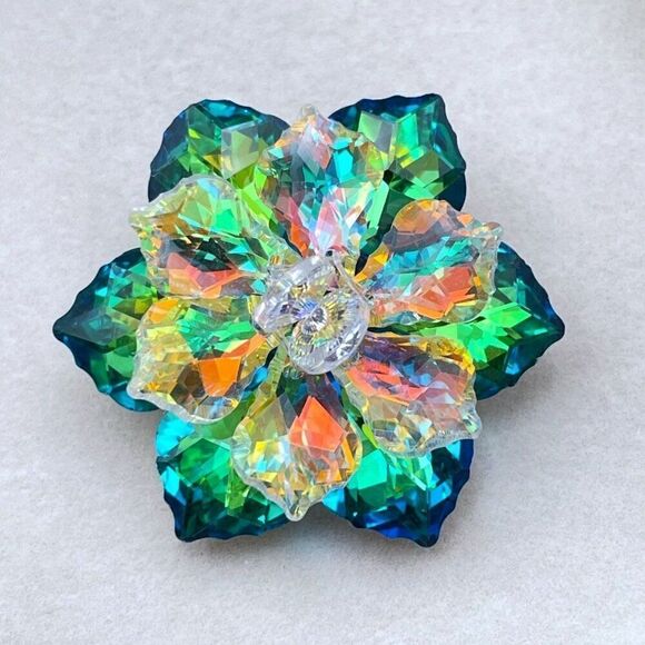 Silver with Green Blue and Orange Vitrail Crystal Round Flower Pin Back Brooch - Picture 3 of 8